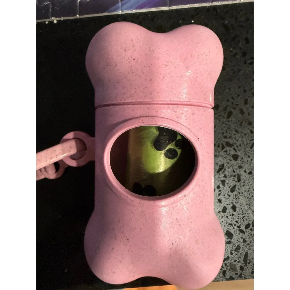 Pink Bone Shaped Dog‎ Poop Bag Dispenser with Paw Print Bags Holder Leash Clip